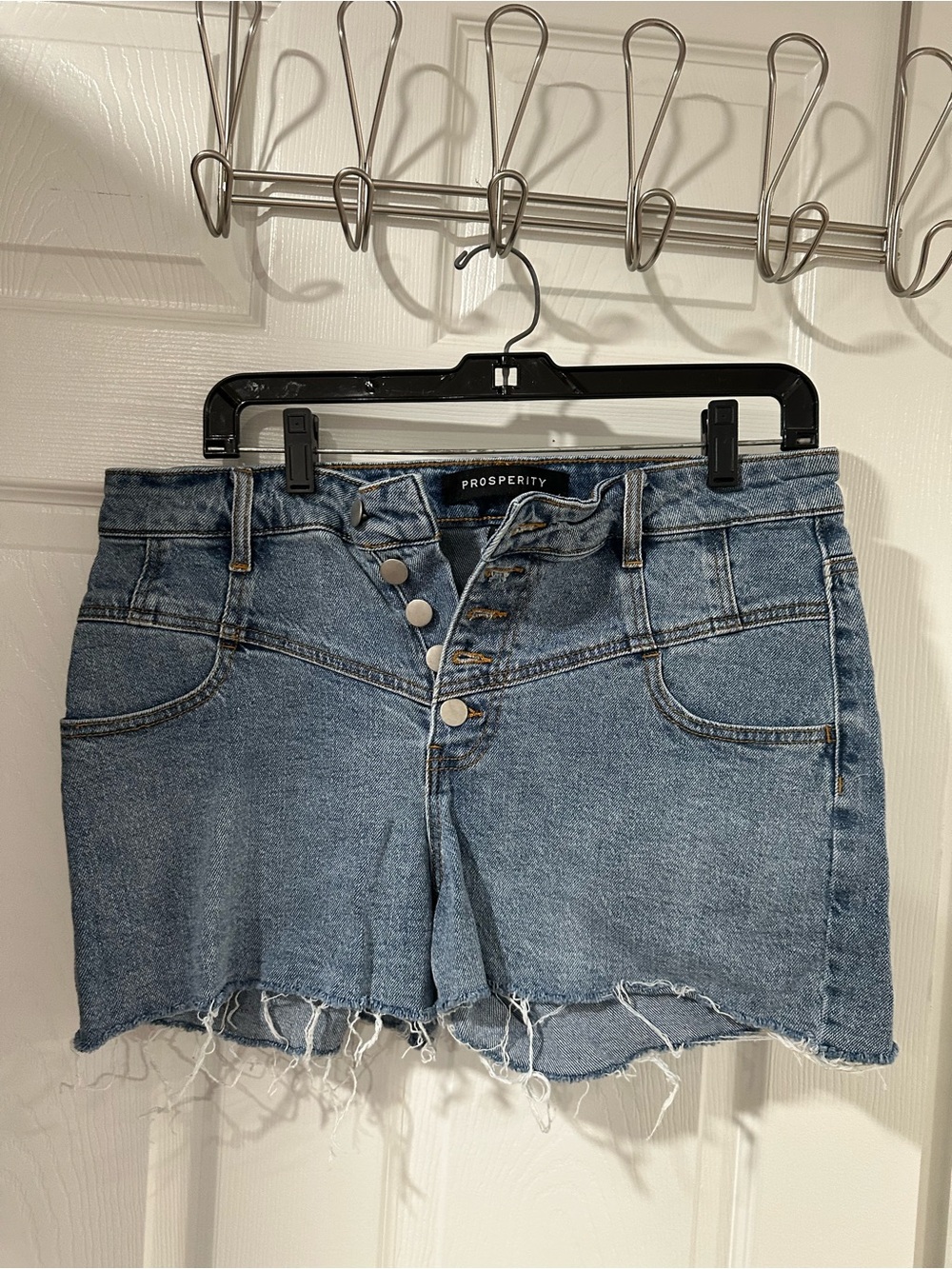 Prosperity High-Rise Light Blue Denim Shorts with Frayed Hem